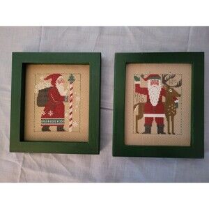 Set of 2 Handmade Framed Needlepoint Old World Santas 7x6.5"